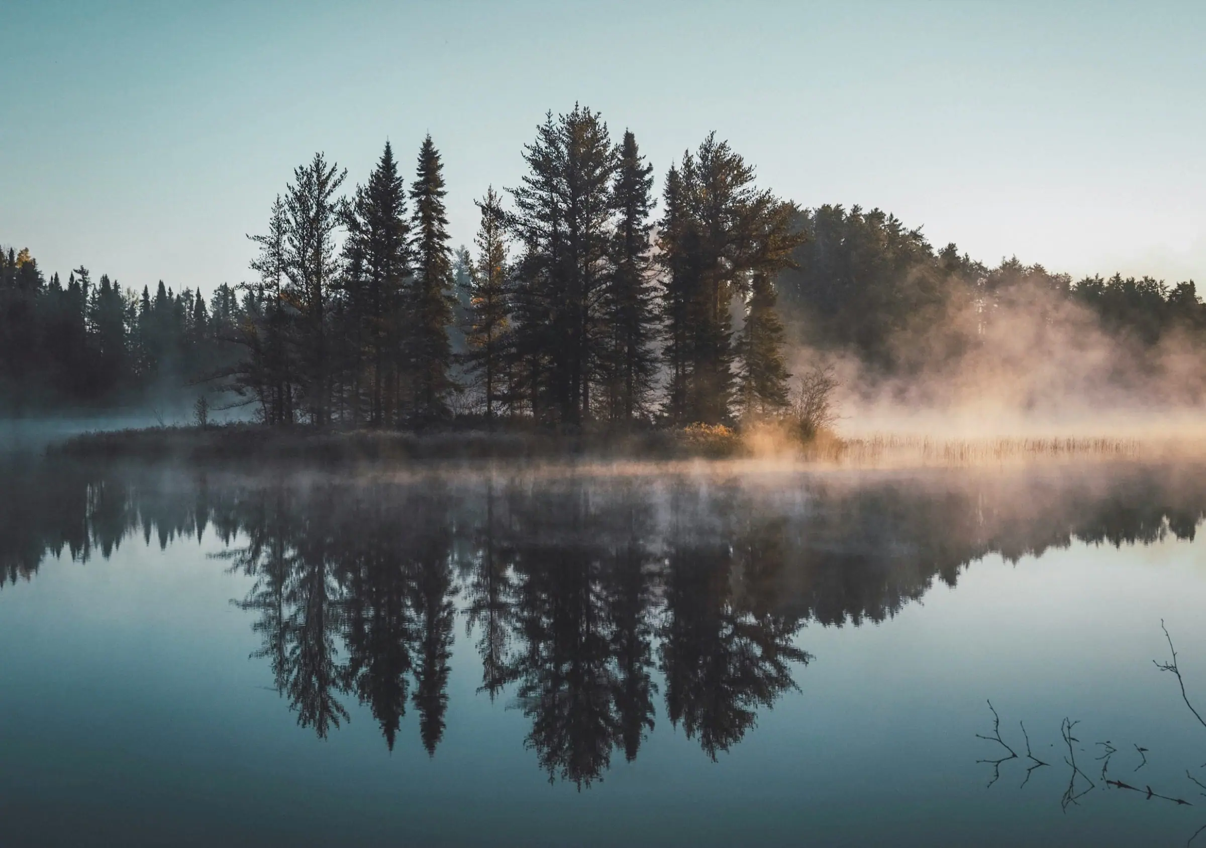 A quiet misty lake with muted light and still water